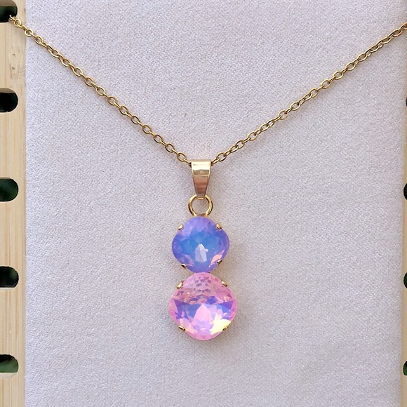 Jewelry - Pink + Periwinkle Purple Blue Opal Aurora Borealis + Gold Drop Pendant Necklace